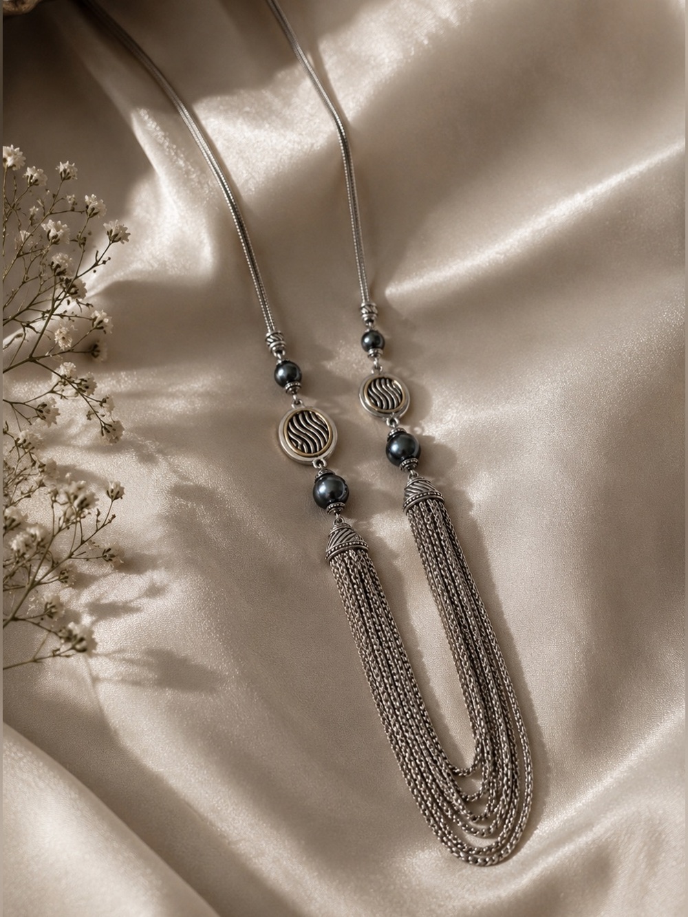 Vintage inspired Silver Tone Tassel Necklace w/ Dark Pearl Beads